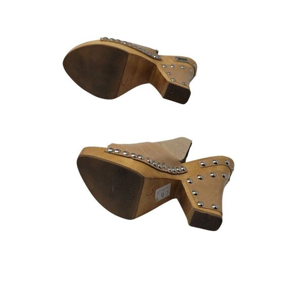 Vintage Tan Leather Wooden Platform Sandals Sz 7 Studded Open Toe Heel Brazil - Picture 15 of 16